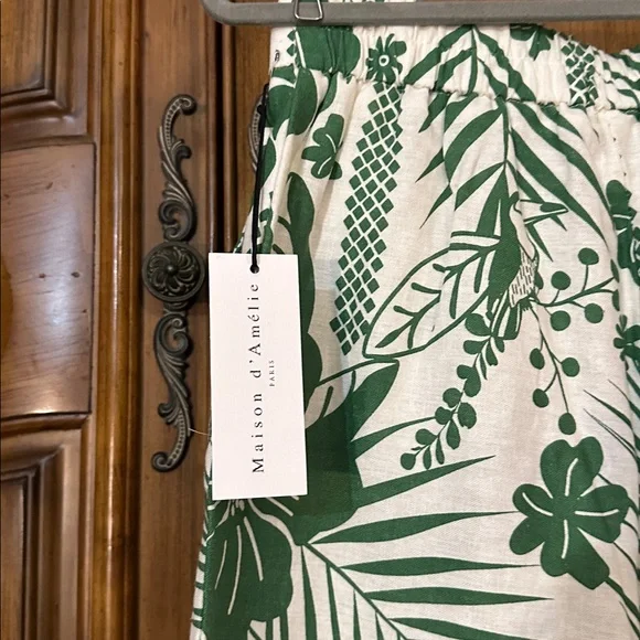 NEW Linen Blend Macaw Elegance Green Cream Leafy Tropical Print Wide Leg Pants S - Picture 8 of 17